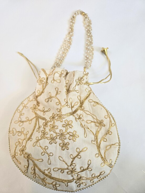 Handbags - Beautifully Embroidered Delicate Ivory & Gold Evening Bag with Pearl Handle
